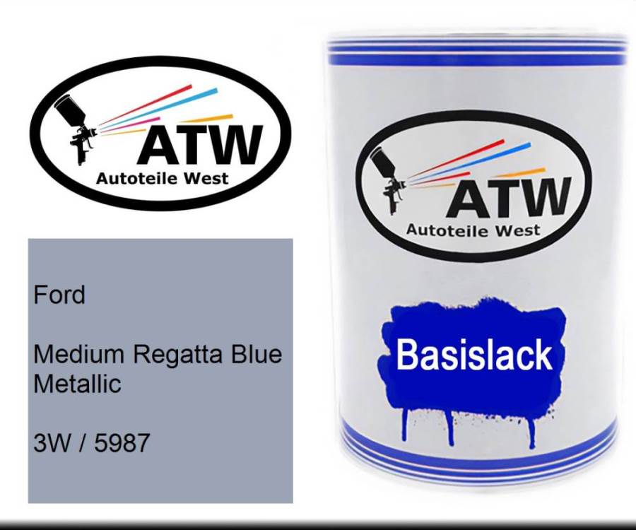 Ford, Medium Regatta Blue Metallic, 3W / 5987: 500ml Lackdose, von ATW Autoteile West.